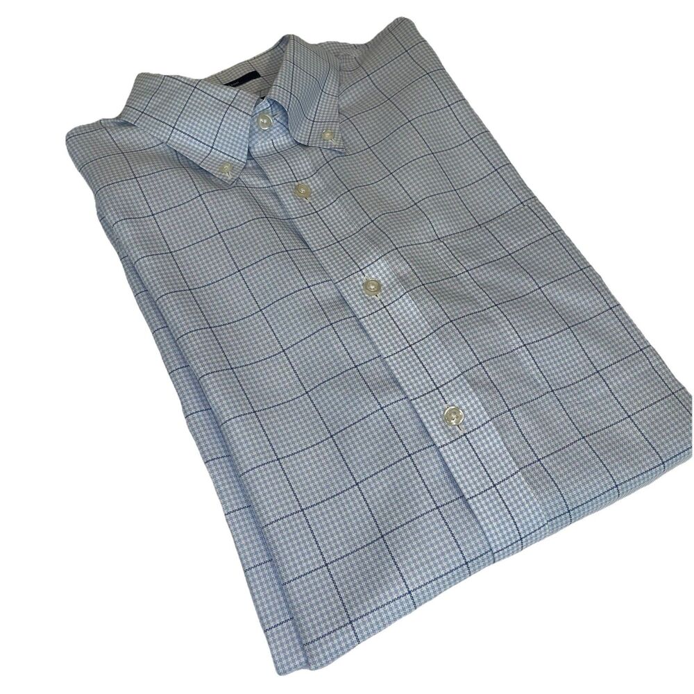 Lands End Men’s Button Down Long Sleeve Windowpane Light Blue Plaid 15 1/2-33